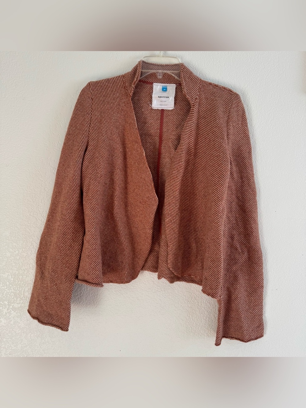 Anthropologie Sparrow 100% Lambswool Open Front Cardigan Rust Orange Layering M